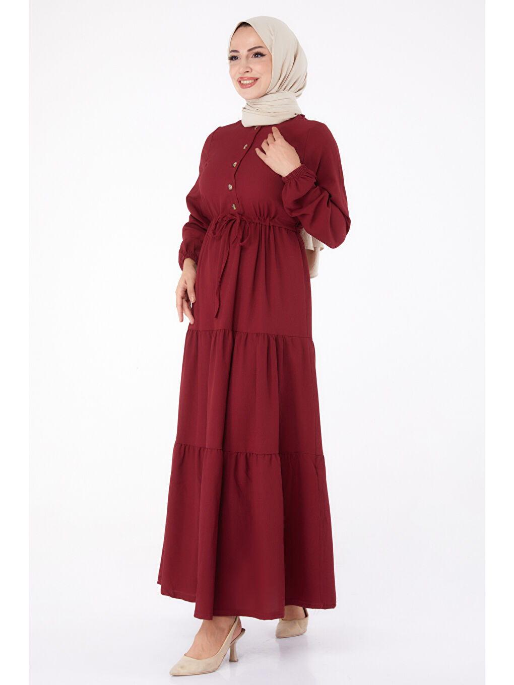 Belden Büzgülü Elbise Bordo - 13302-1