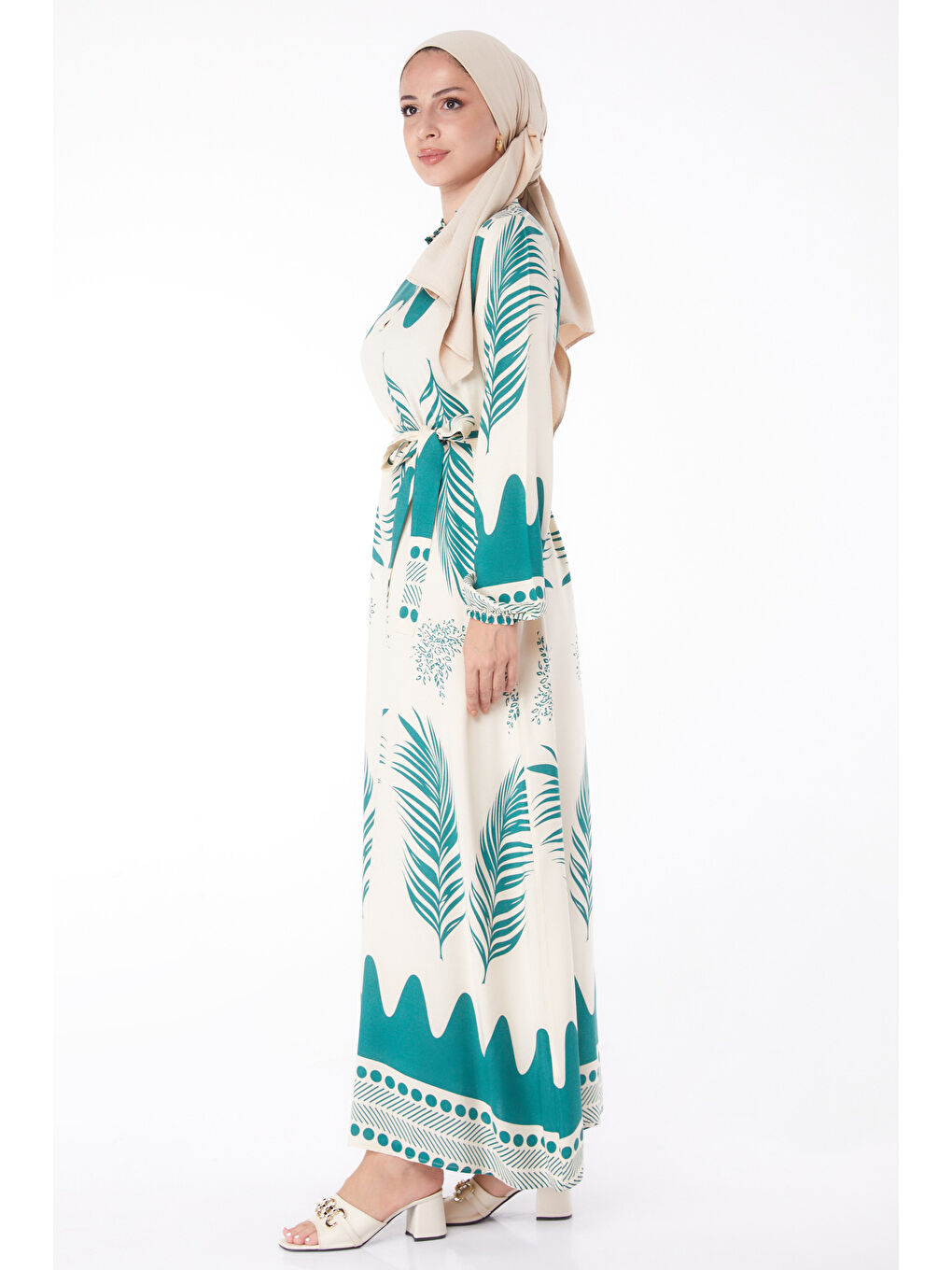 Yeşil Sulu Deseli Patlı Elbise Yesil - 13270-4