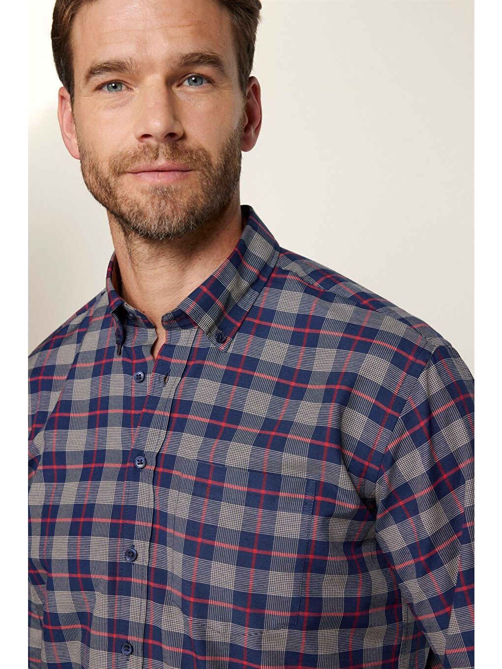 Karışık Erkek Regular Fit Klasik Kesim Düğmeli Yaka Küçük Kareli Pamuklu Gömlek-2