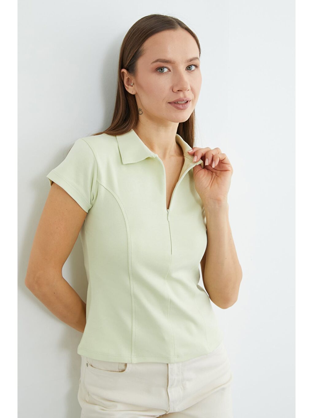 Yeşil Basic Yarım Fermuarlı Polo Yaka Slim Fit Tişört