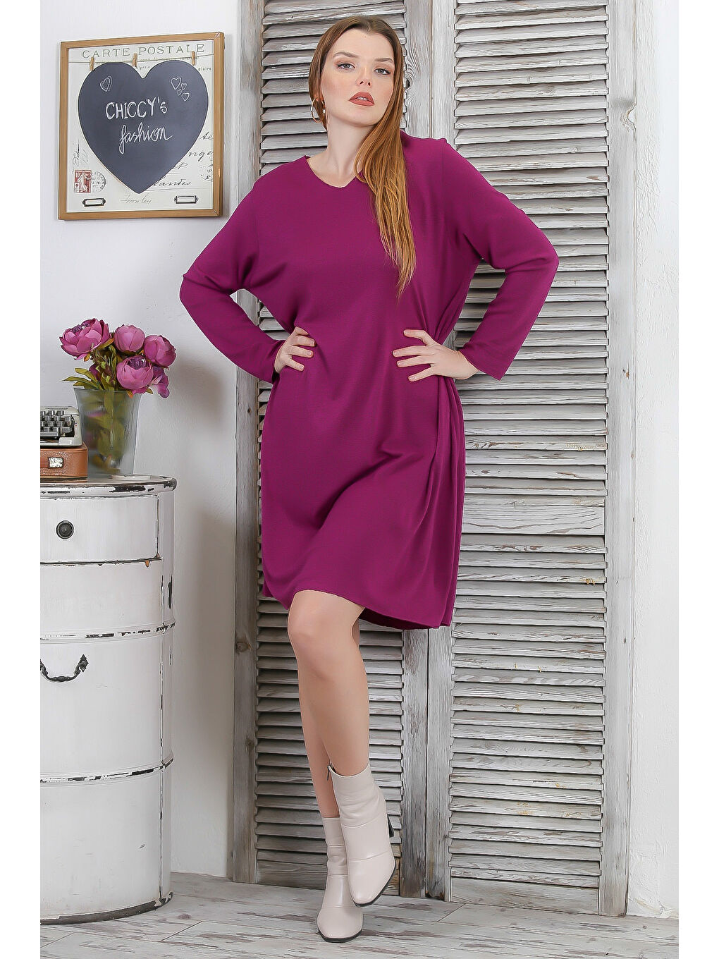 İtalyan Bordo V Yaka Uzun Kol Casual Triko Elbise