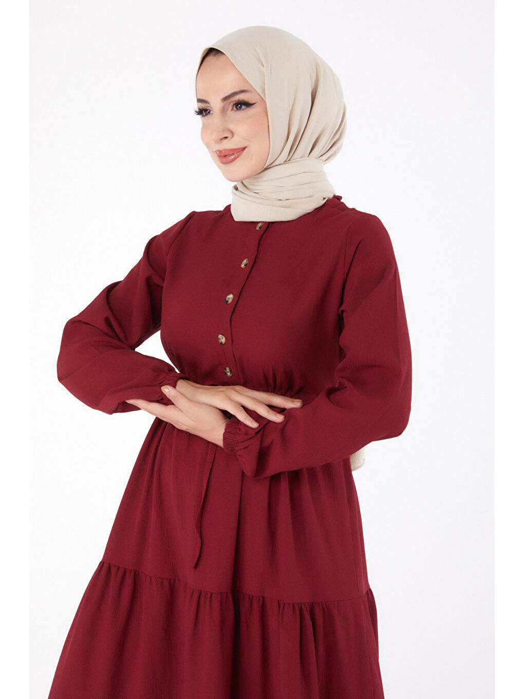 Belden Büzgülü Elbise Bordo - 13302-2