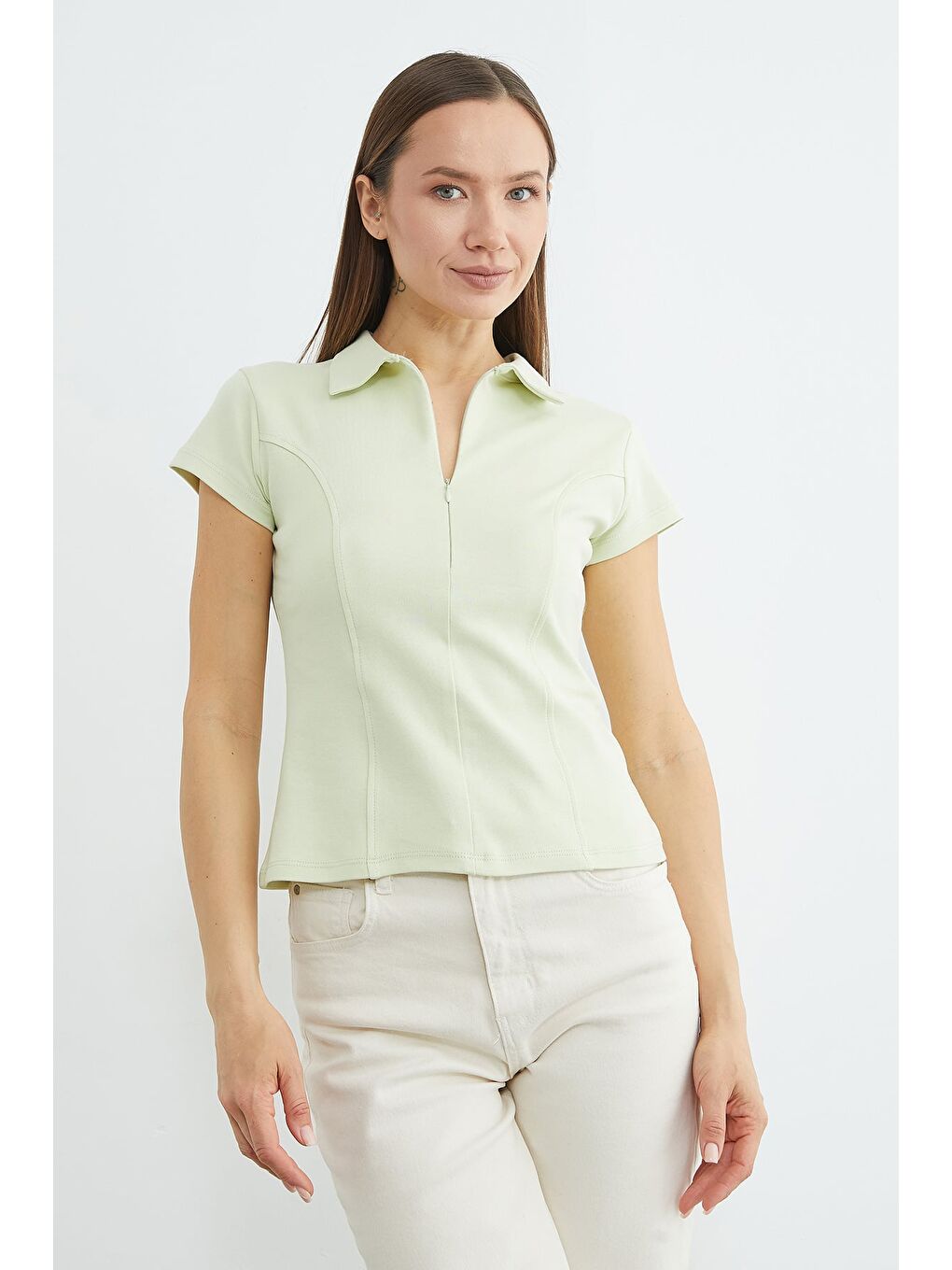 Yeşil Basic Yarım Fermuarlı Polo Yaka Slim Fit Tişört-1