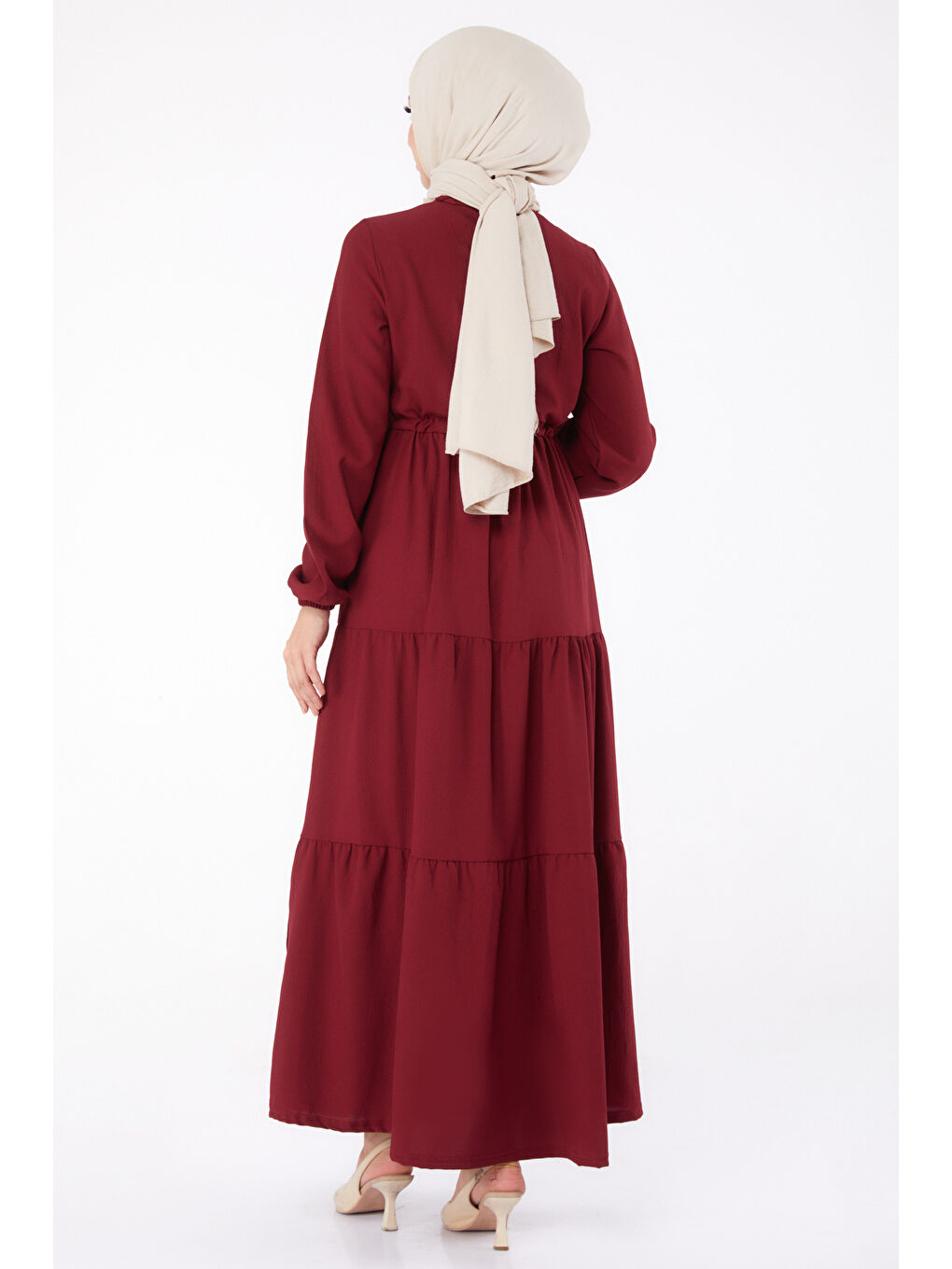 Belden Büzgülü Elbise Bordo - 13302-4