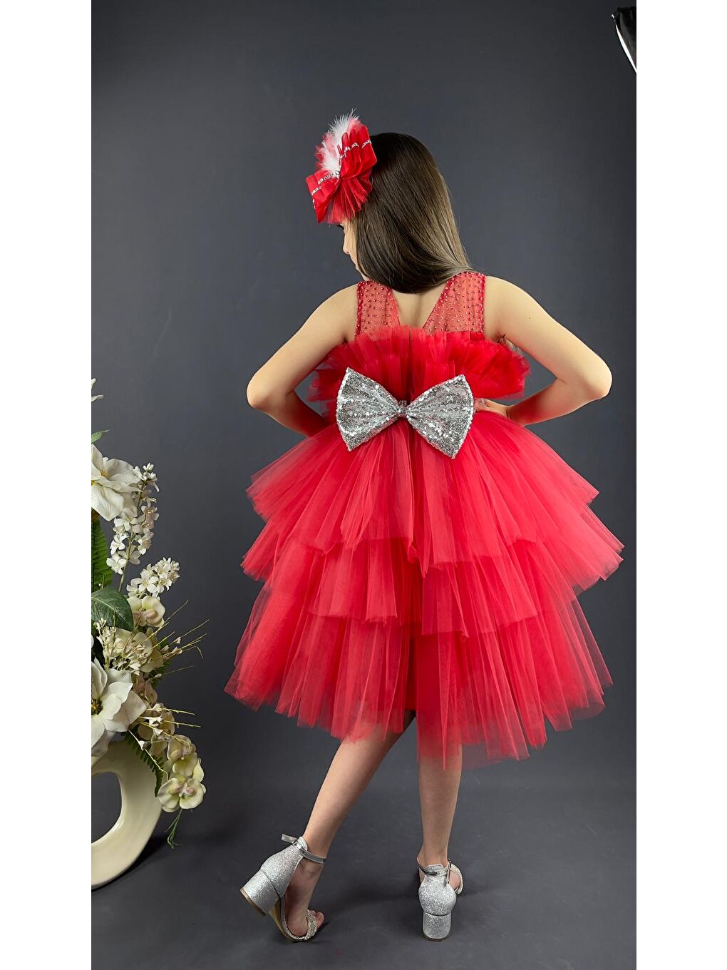 Kırmızı Katkat Tüllü Buket Model Kız Çocuk Özel Abiye-1