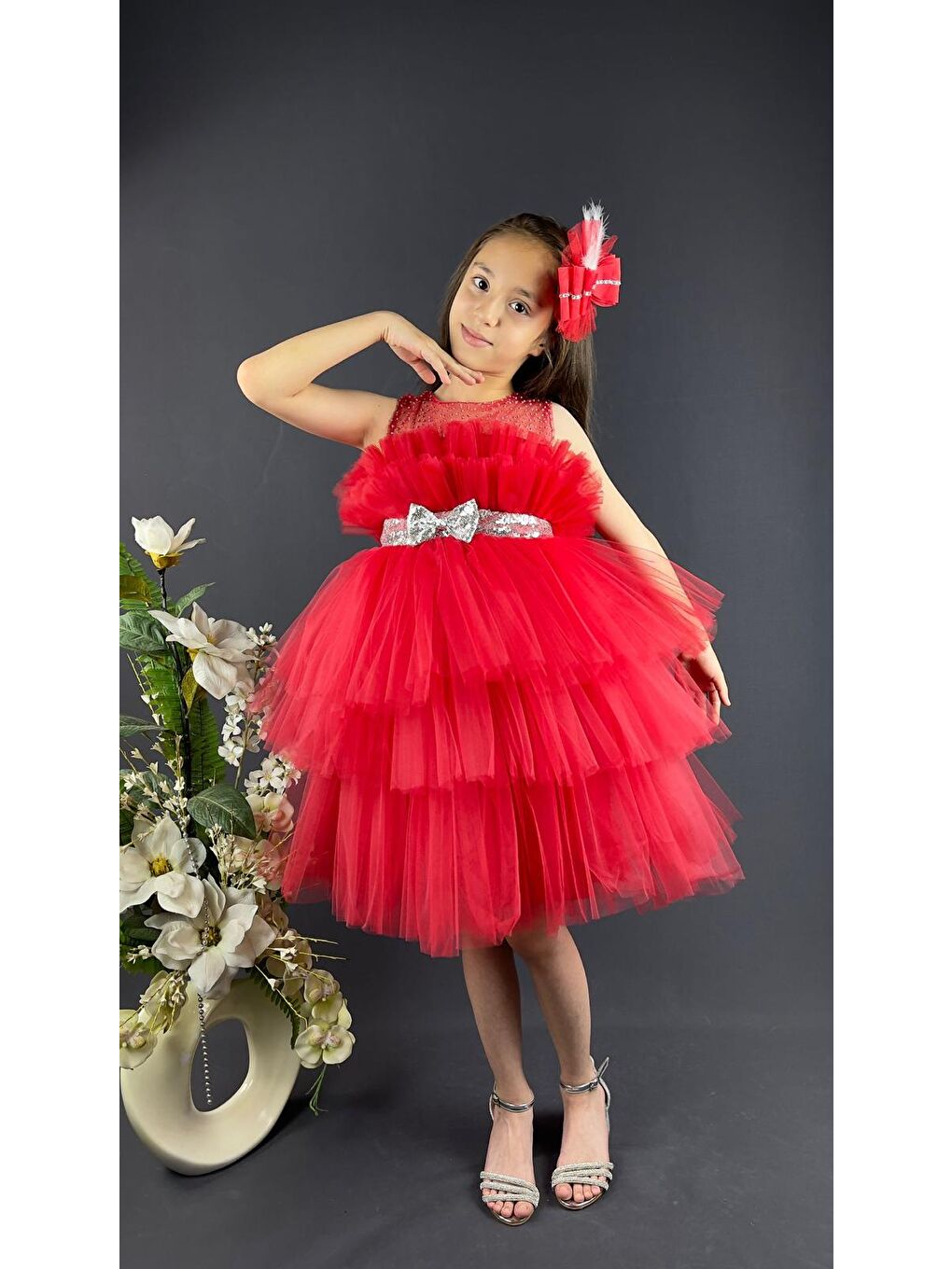 Kırmızı Katkat Tüllü Buket Model Kız Çocuk Özel Abiye-2