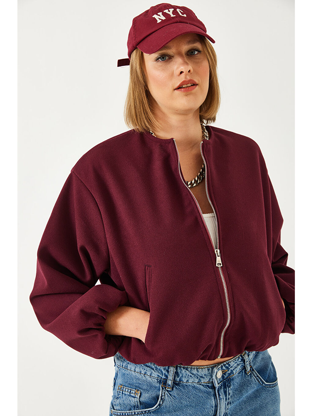 Bordo Kadın Lastik Detaylı Bomber Ceket-1