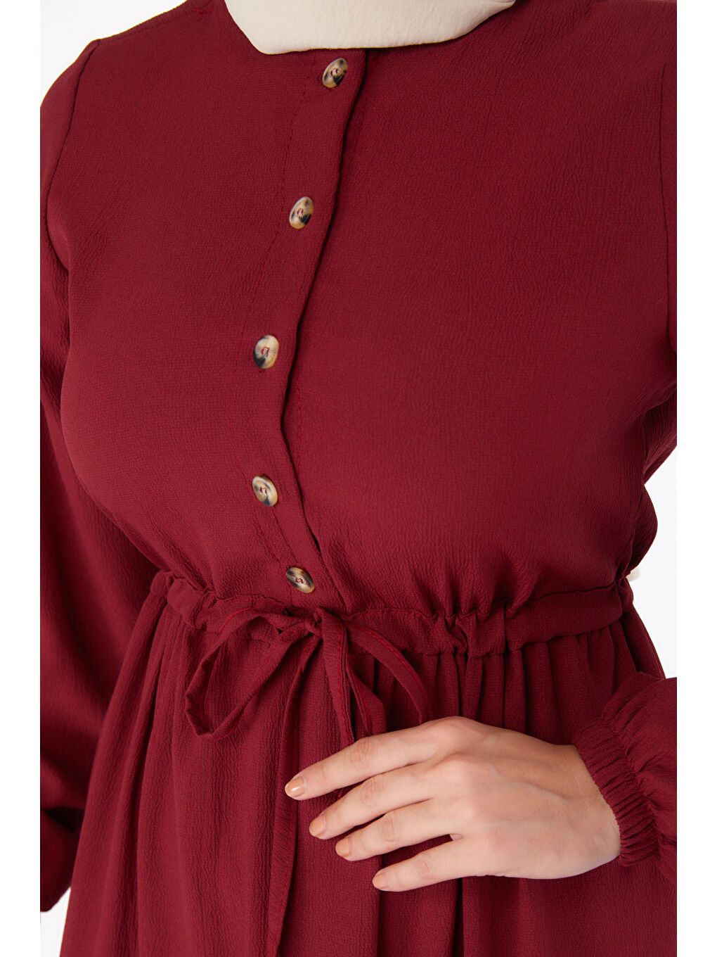 Belden Büzgülü Elbise Bordo - 13302-5