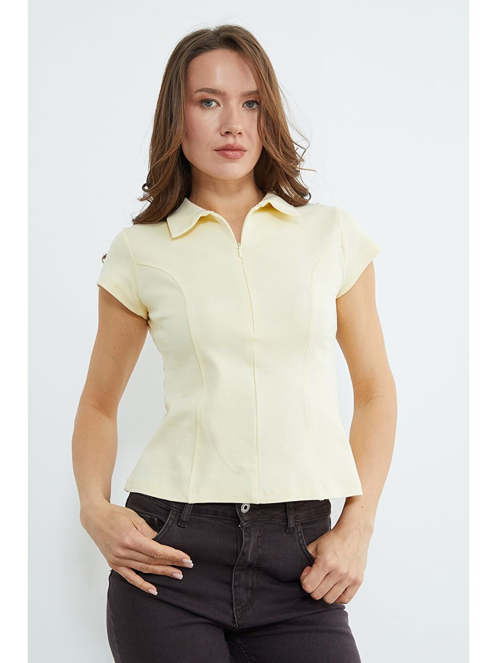 Sarı Basic Yarım Fermuarlı Polo Yaka Slim Fit Tişört-2
