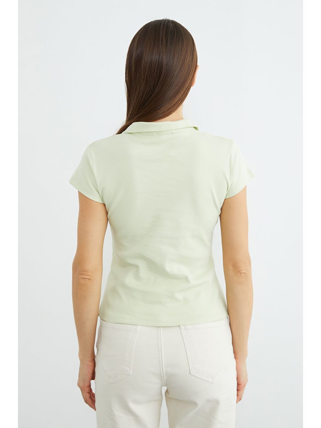 Yeşil Basic Yarım Fermuarlı Polo Yaka Slim Fit Tişört-4