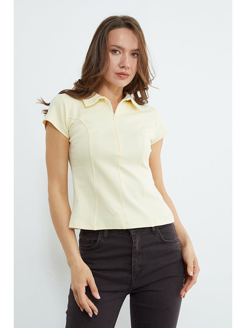 Sarı Basic Yarım Fermuarlı Polo Yaka Slim Fit Tişört-4