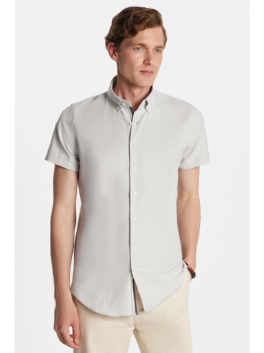 Erkek Slim Fit Dar Kesim Kısa Kollu Spor Yaka Oxford Doku Pamuklu Gri Gömlek