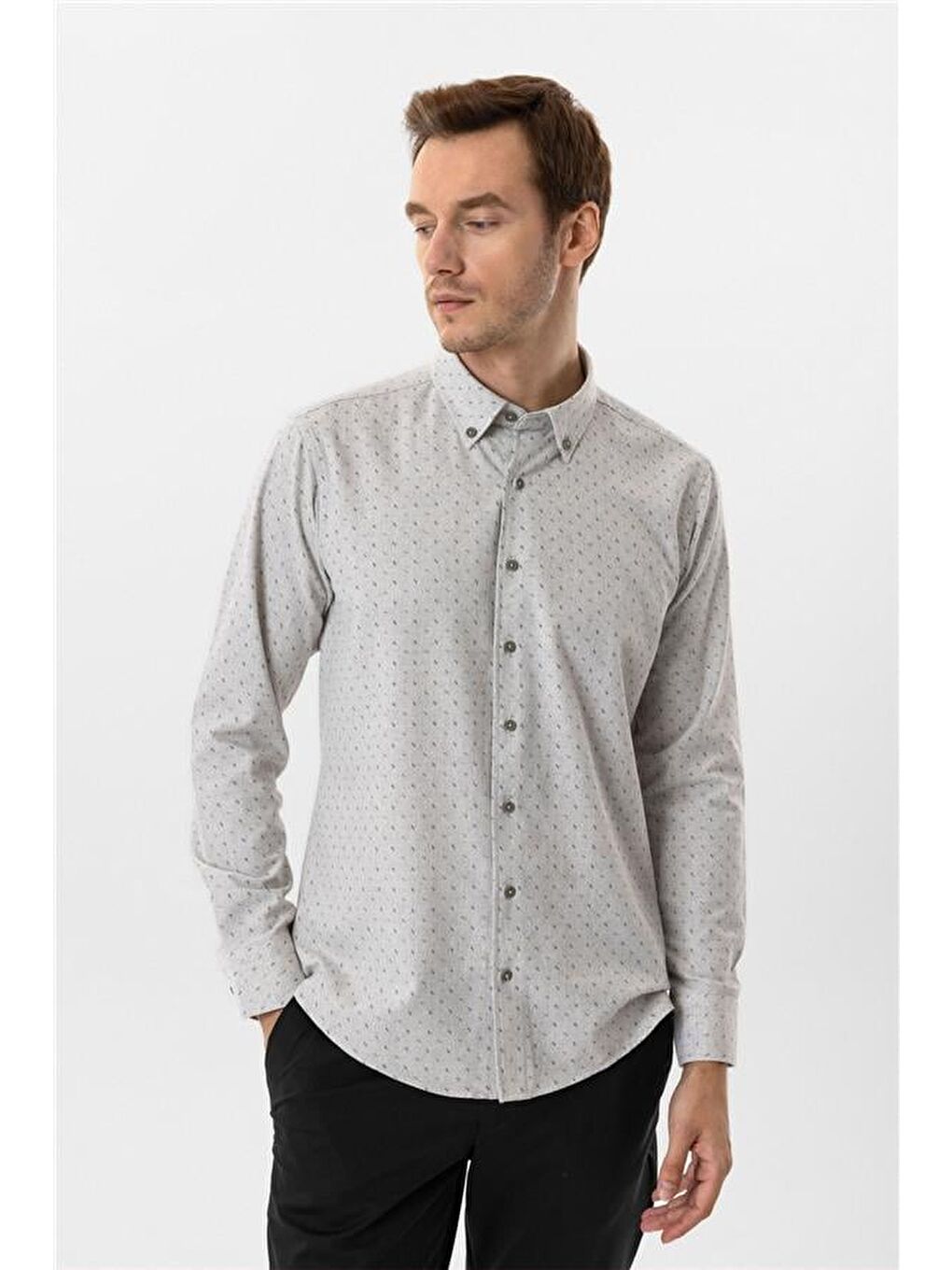 Gri Slim Düz Düğmeli Yaka Gömlek-1