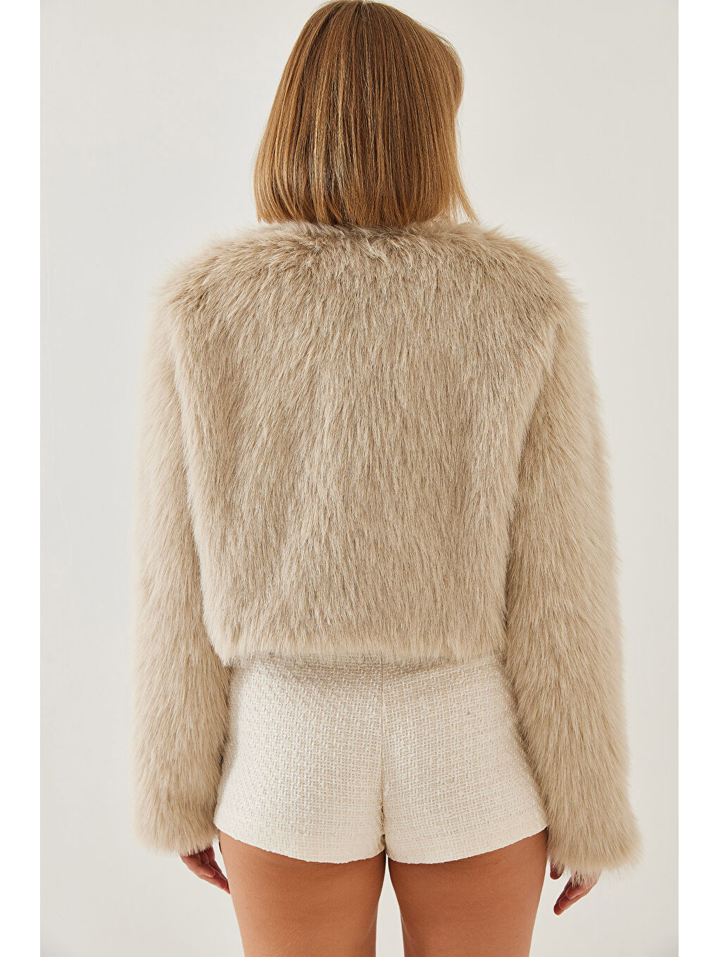 Bej Kadın Suni Kürkllü Astarlı Mont-5