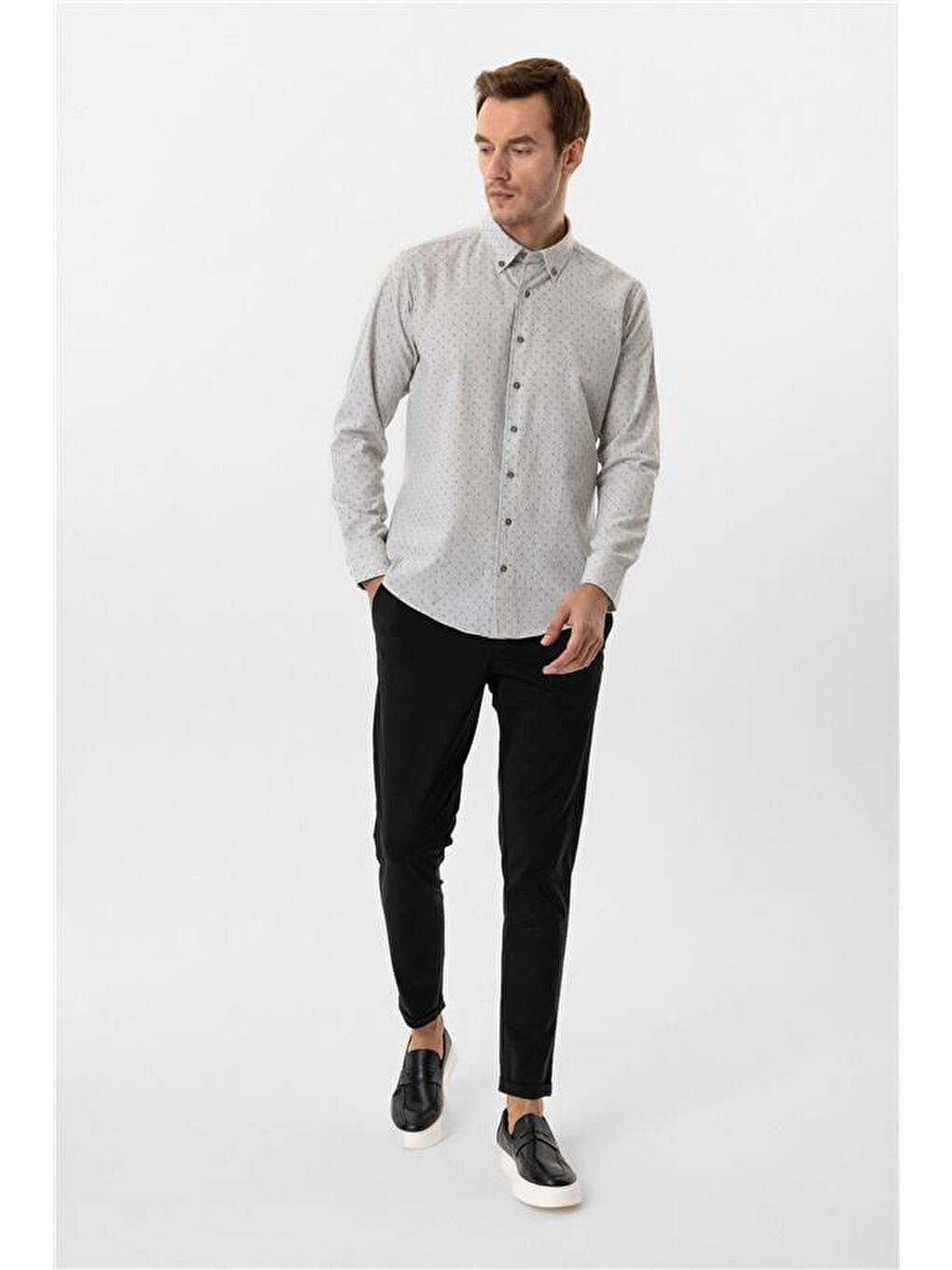 Gri Slim Düz Düğmeli Yaka Gömlek-2