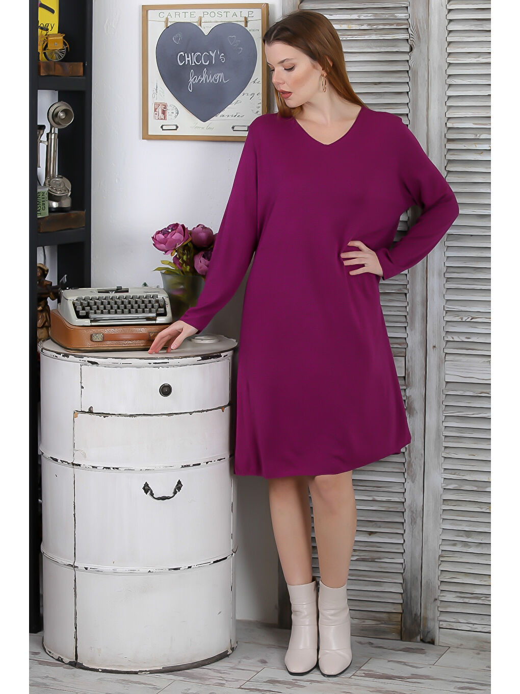 İtalyan Bordo V Yaka Uzun Kol Casual Triko Elbise-2