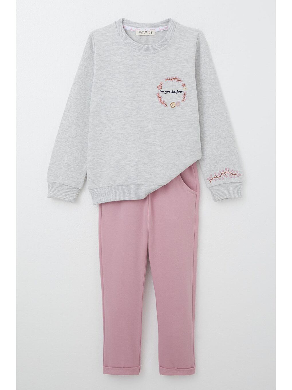 Kız Çocuk Eşofman Takım Çiçek Nakışlı Açık Gri Melanj (1.5-5 Yaş)