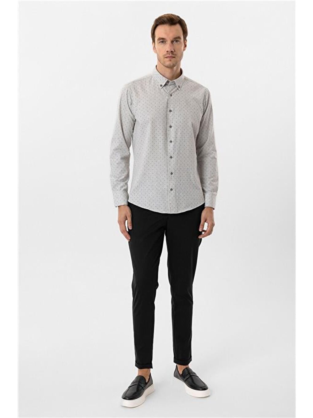 Gri Slim Düz Düğmeli Yaka Gömlek-3