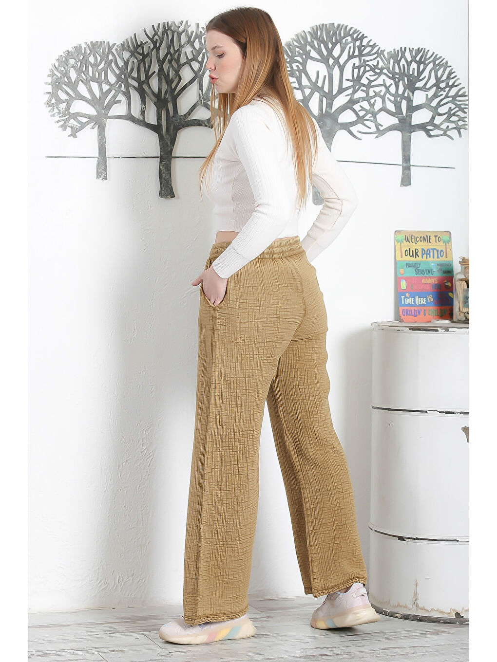 Sarı Hardal Rengi Çift Cepli Lastikli Ve Bağlamalı Bel Geniş Paça Casual Müslin Dokuma Pantolon-5