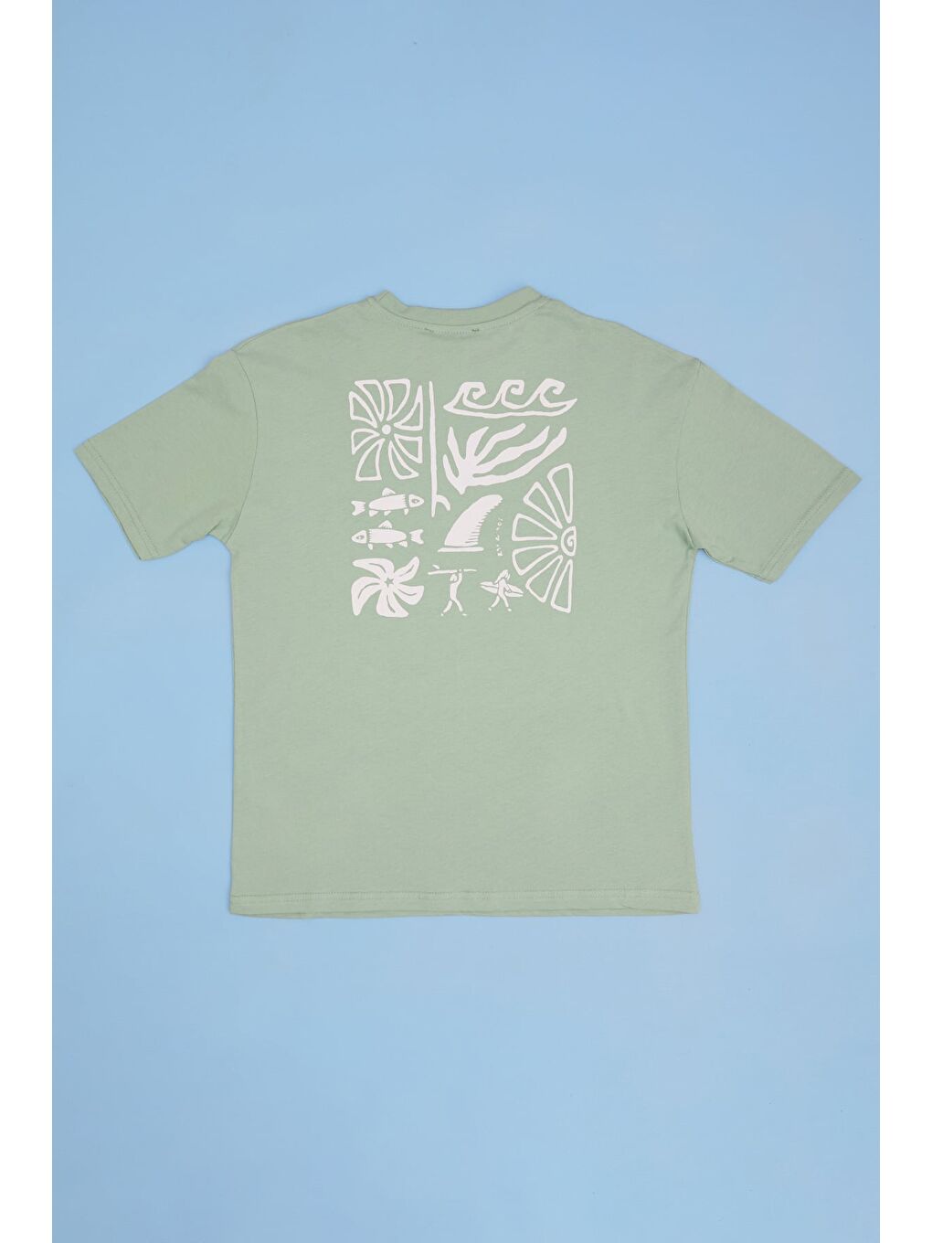 Yeşil Sörf Baskılı Bisiklet Yaka Erkek Çocuk Oversize Tişört-1