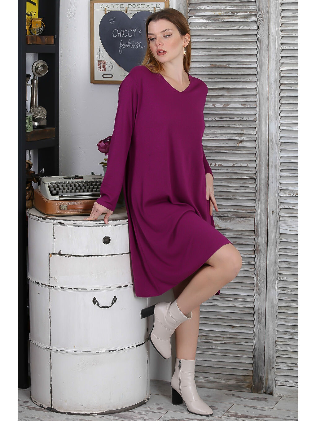 İtalyan Bordo V Yaka Uzun Kol Casual Triko Elbise-3