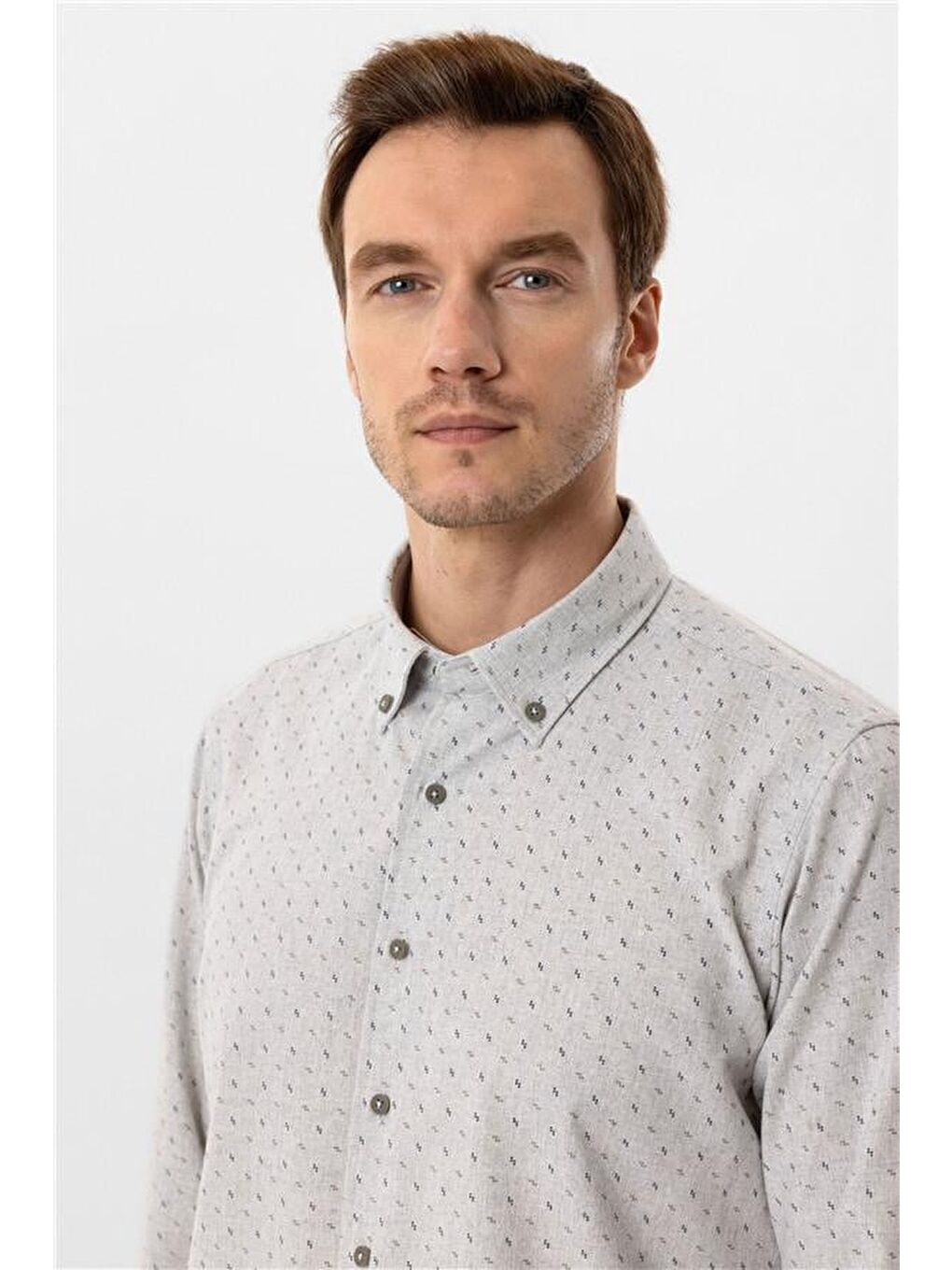 Gri Slim Düz Düğmeli Yaka Gömlek-4