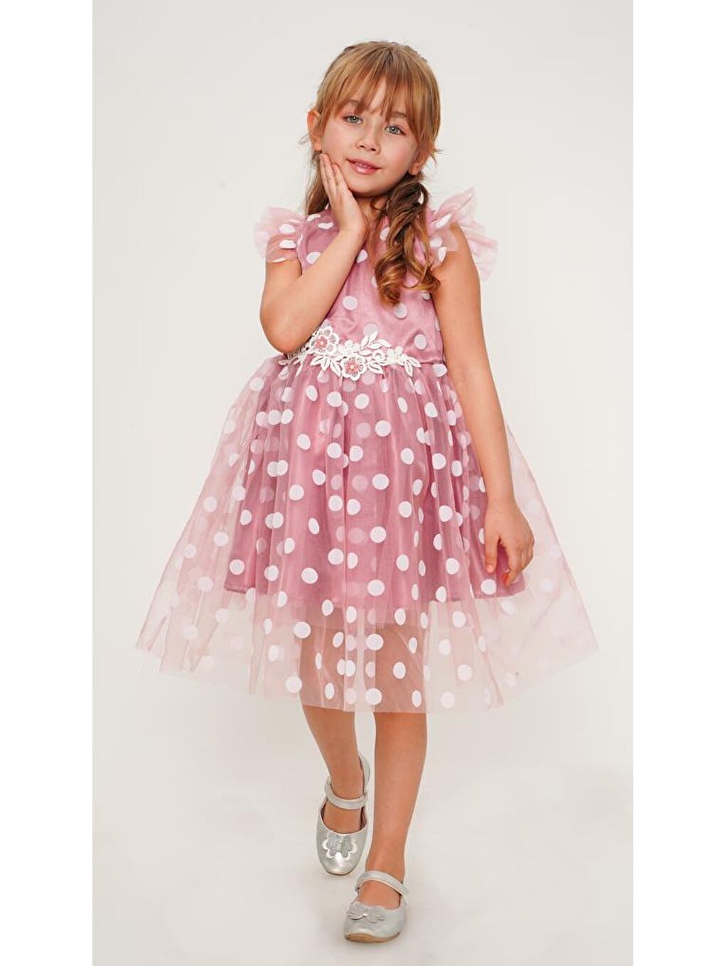 Pembe Flok Puantiyeli Kız Çocuk Elbise MNK0488