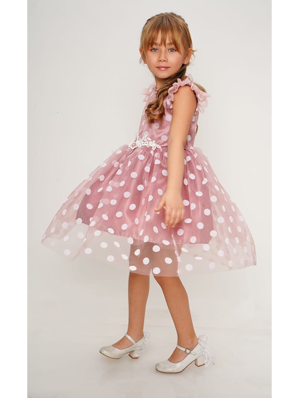 Pembe Flok Puantiyeli Kız Çocuk Elbise MNK0488-1