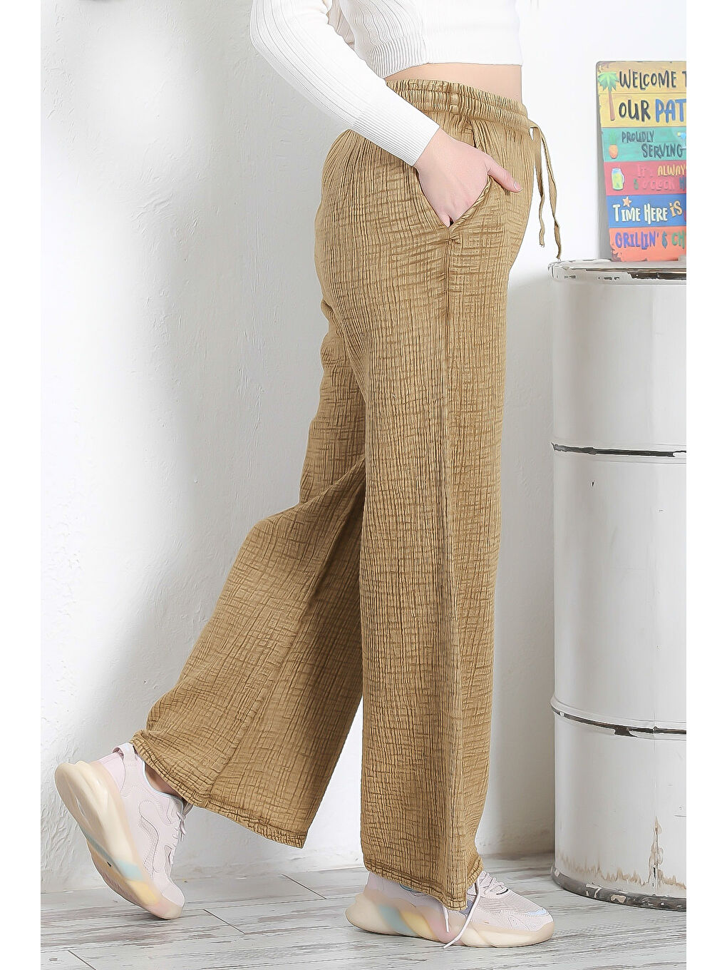 Sarı Hardal Rengi Çift Cepli Lastikli Ve Bağlamalı Bel Geniş Paça Casual Müslin Dokuma Pantolon-6