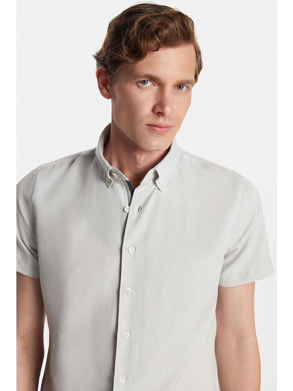 Erkek Slim Fit Dar Kesim Kısa Kollu Spor Yaka Oxford Doku Pamuklu Gri Gömlek-1