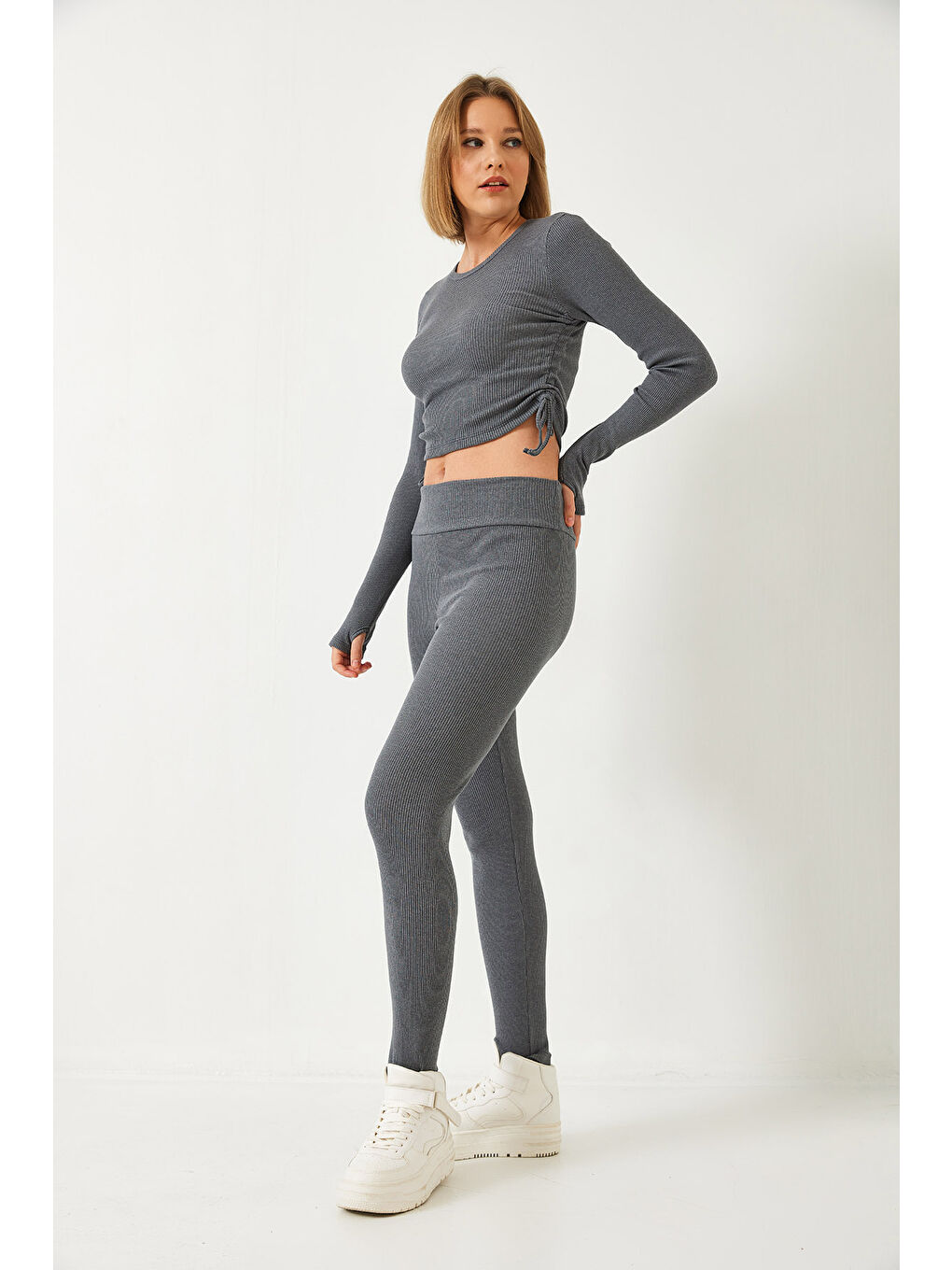 Antrasit Kadın Parmak Geçirmeli Fitilli Kaşkorse Alt Üst Takım-1