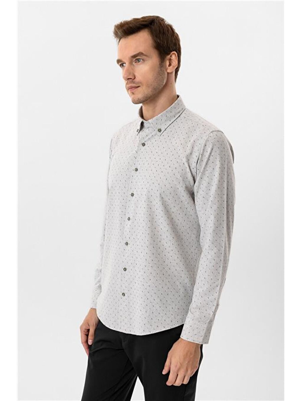 Gri Slim Düz Düğmeli Yaka Gömlek-5