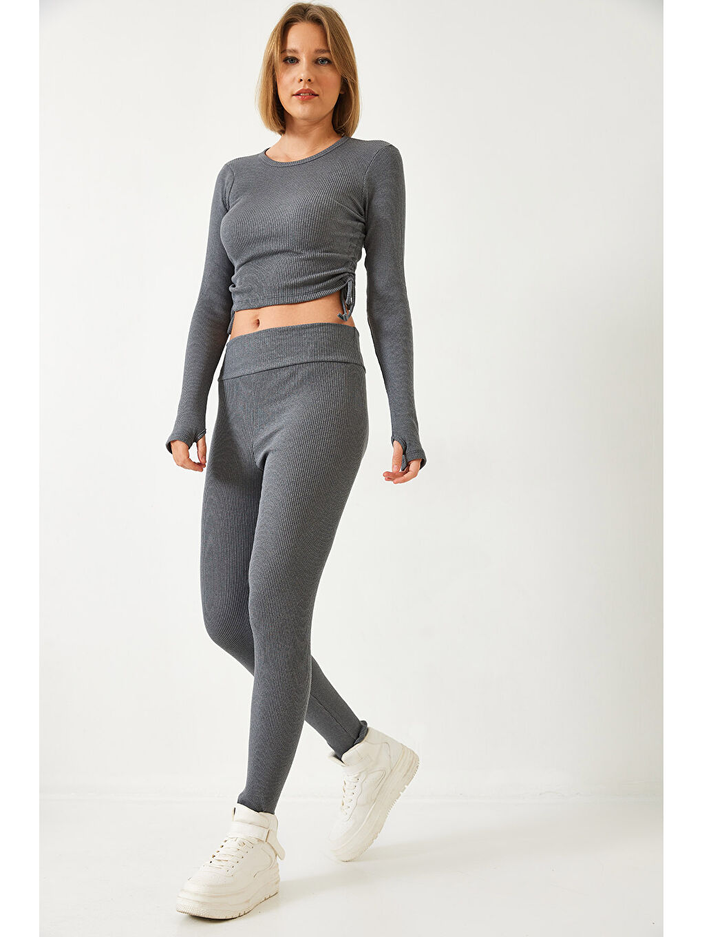 Antrasit Kadın Parmak Geçirmeli Fitilli Kaşkorse Alt Üst Takım-2