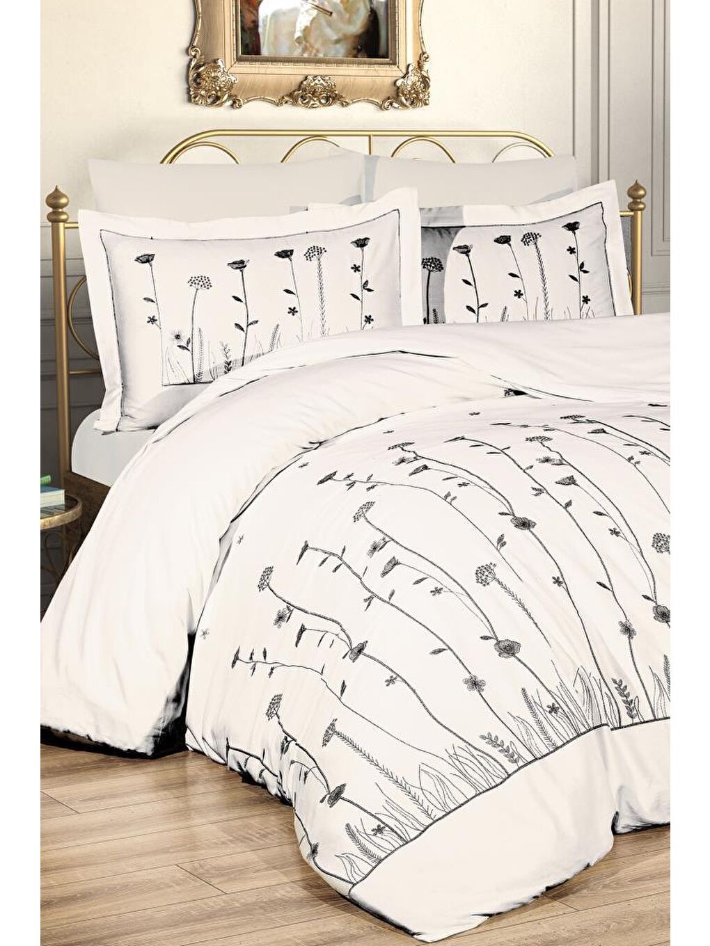 Karışık Vova Nakışlı Çift Kişilik Nevresim Takımı Krem - Gri