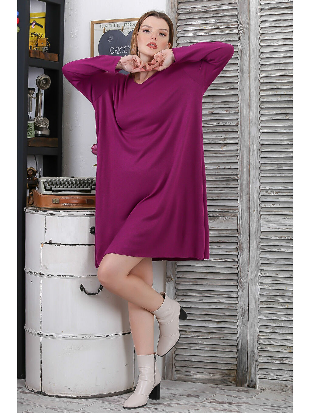 İtalyan Bordo V Yaka Uzun Kol Casual Triko Elbise-4