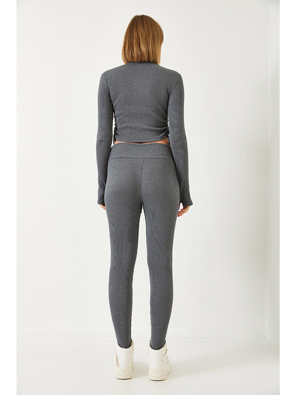 Antrasit Kadın Parmak Geçirmeli Fitilli Kaşkorse Alt Üst Takım-4