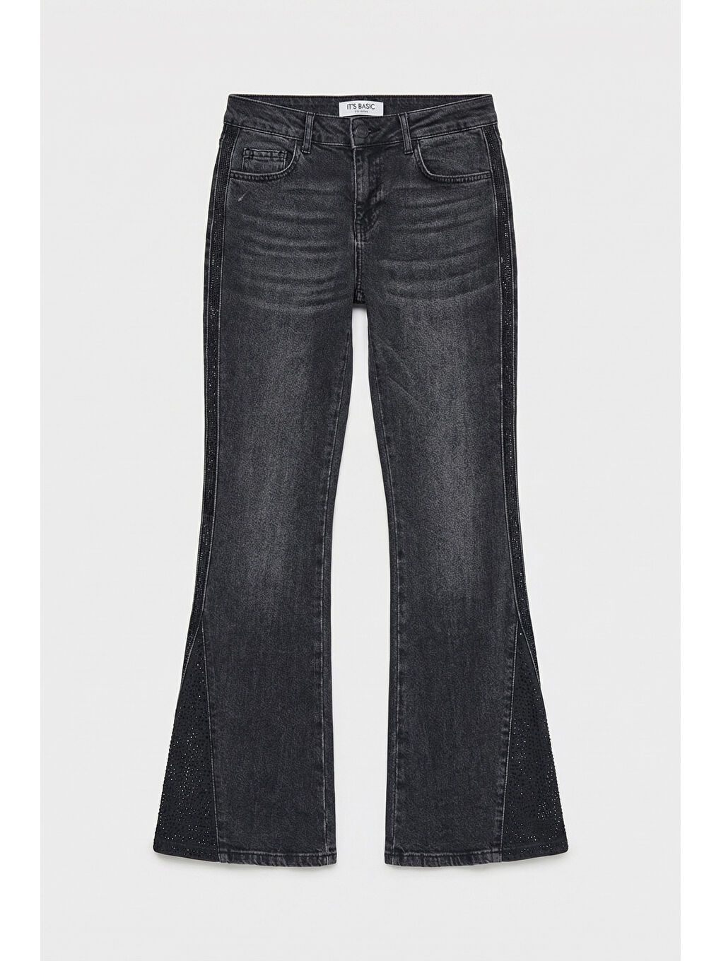 Gri Kadın Koyu Füme T-2s6-1 Flare Fit Paçası Parlak Taşlı Özel Tasarım Denim Jean-4