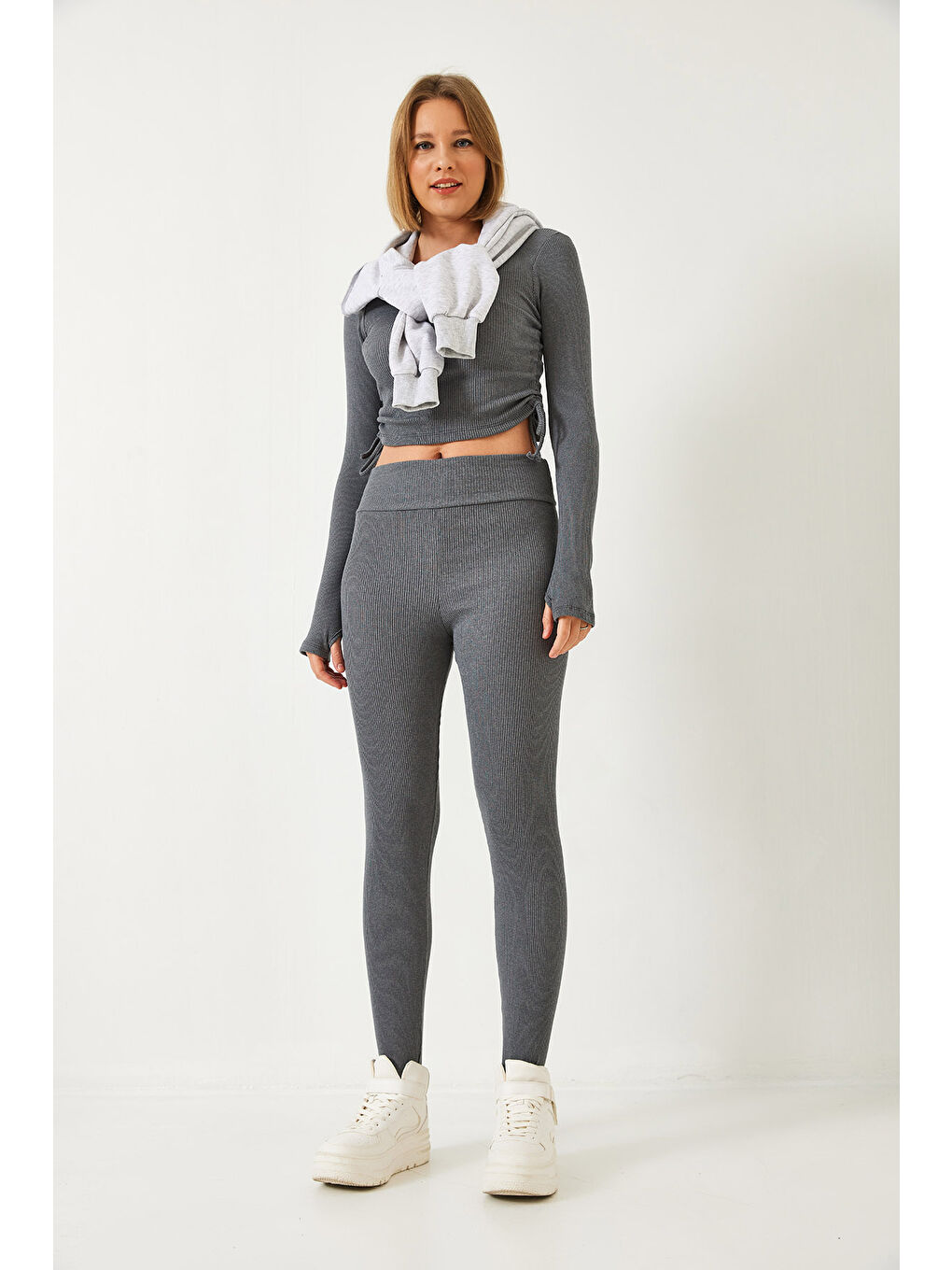 Antrasit Kadın Parmak Geçirmeli Fitilli Kaşkorse Alt Üst Takım-5