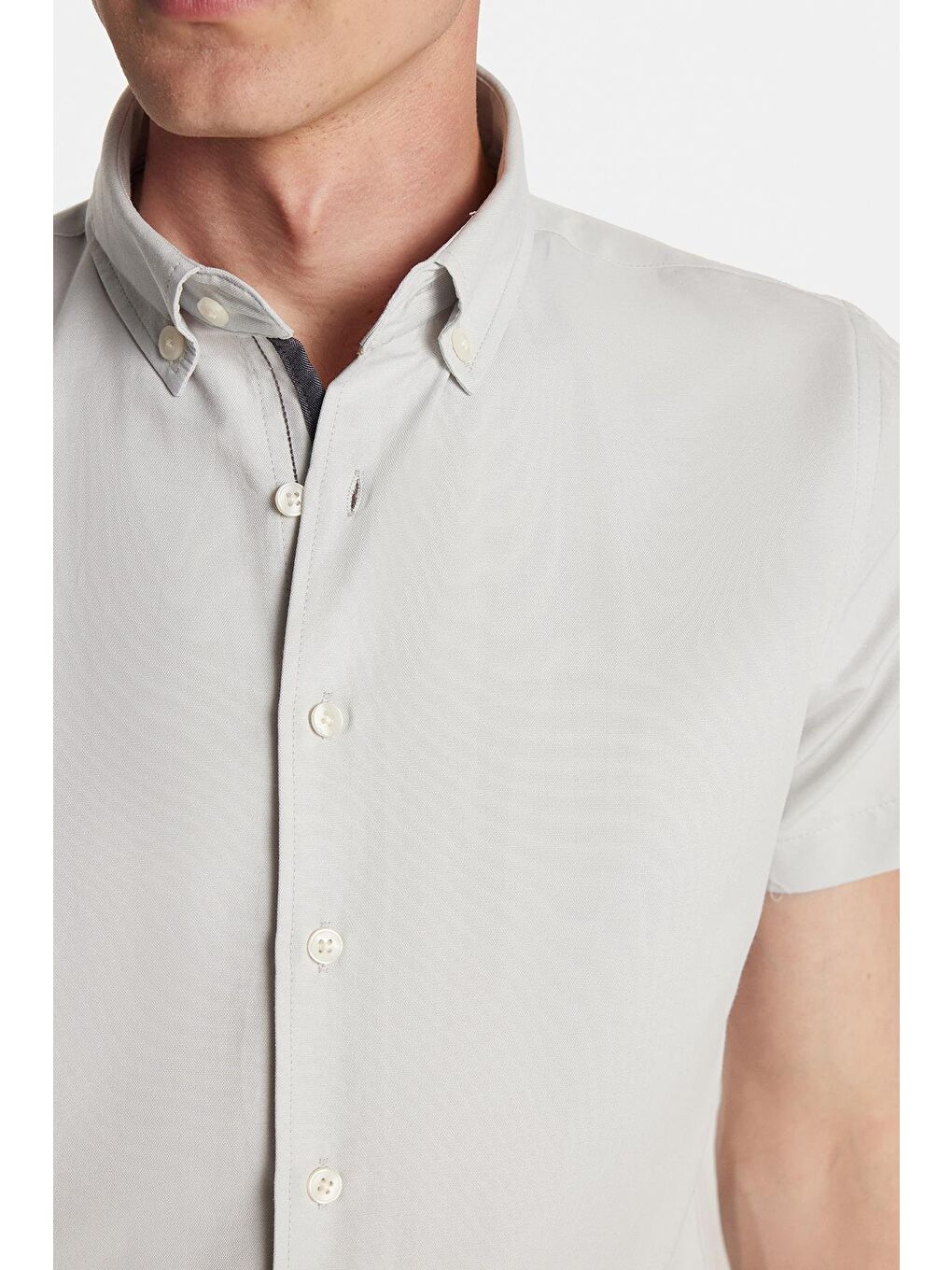 Erkek Slim Fit Dar Kesim Kısa Kollu Spor Yaka Oxford Doku Pamuklu Gri Gömlek-2