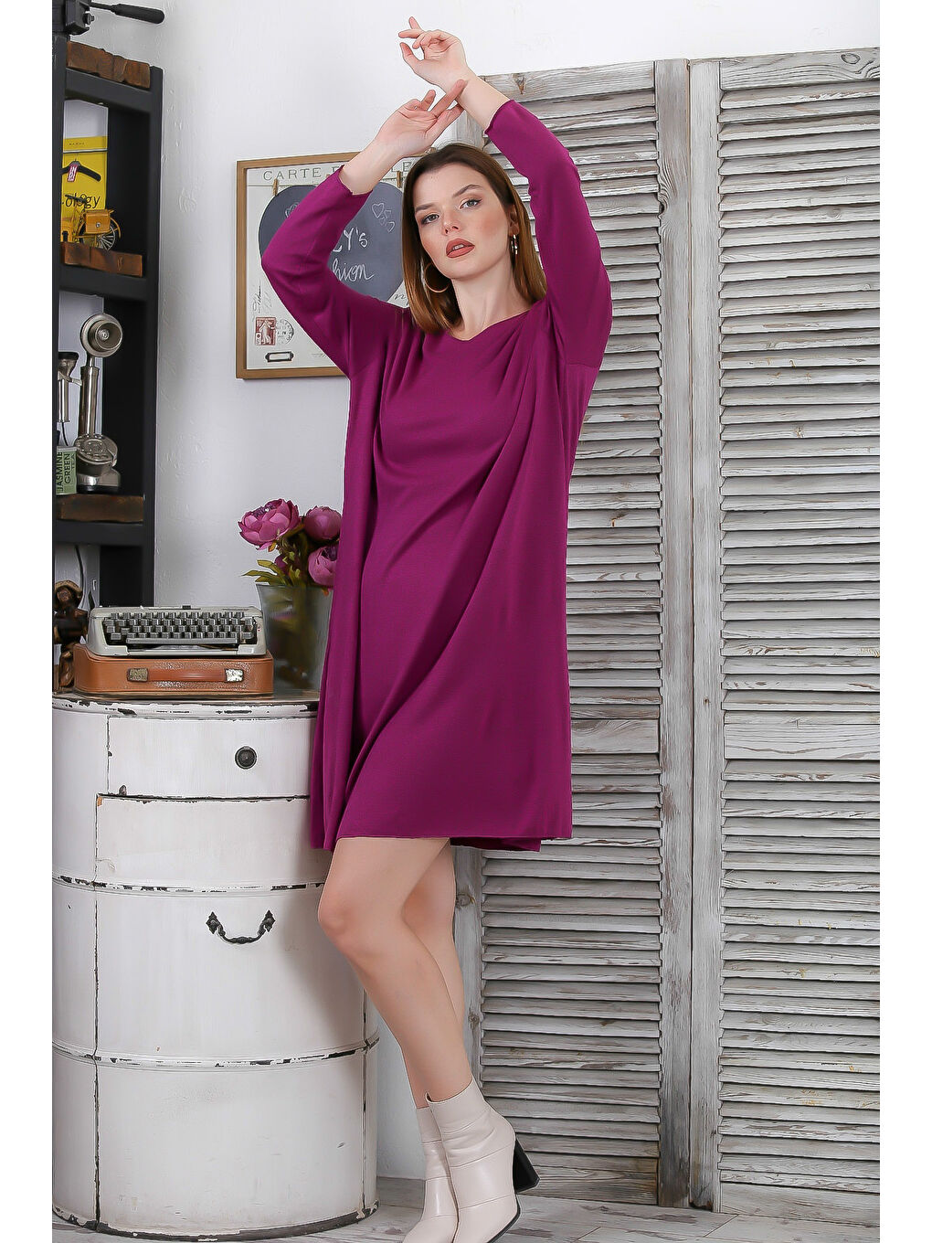 İtalyan Bordo V Yaka Uzun Kol Casual Triko Elbise-5