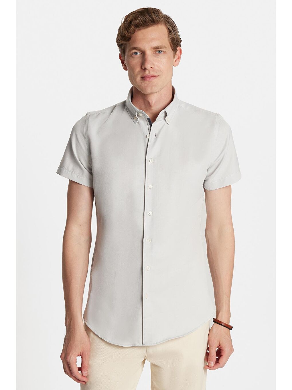 Erkek Slim Fit Dar Kesim Kısa Kollu Spor Yaka Oxford Doku Pamuklu Gri Gömlek-3