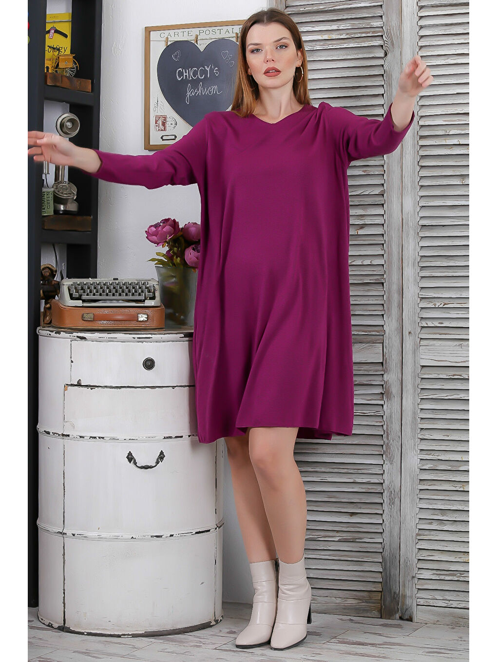 İtalyan Bordo V Yaka Uzun Kol Casual Triko Elbise-6