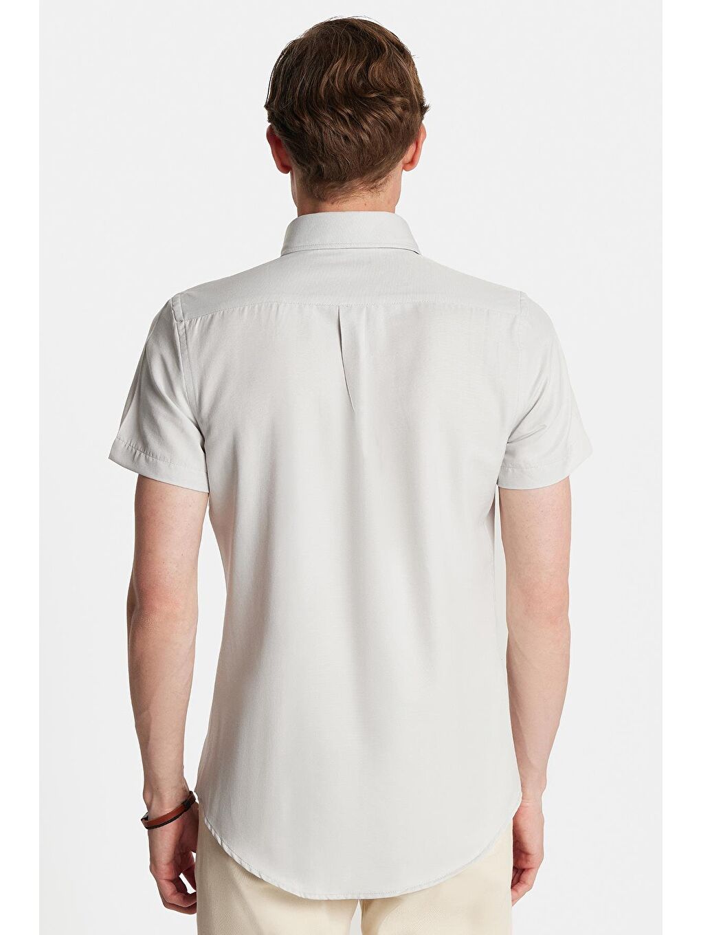 Erkek Slim Fit Dar Kesim Kısa Kollu Spor Yaka Oxford Doku Pamuklu Gri Gömlek-4