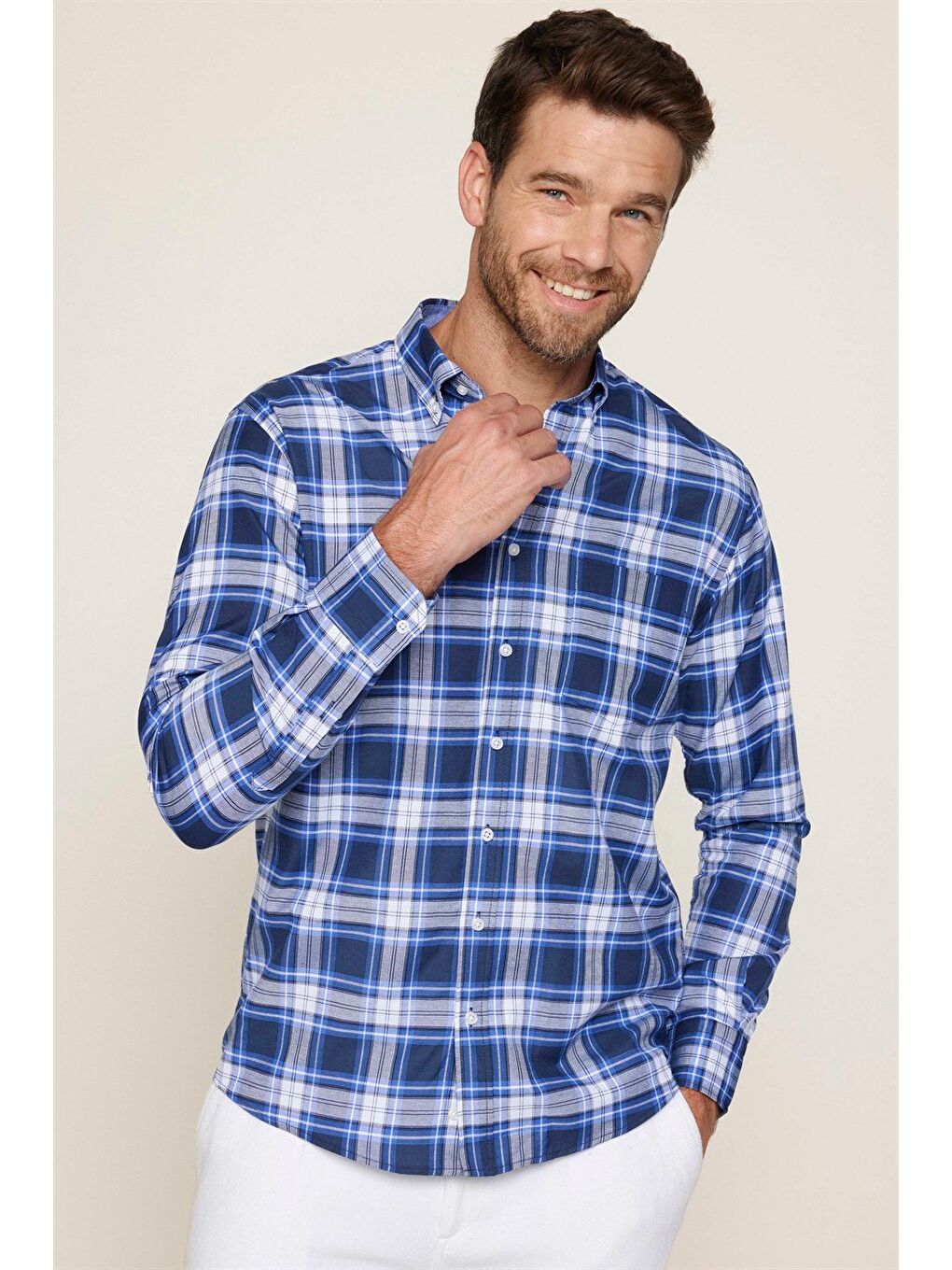 Karışık Erkek Regular Fit Klasik Kesim Düğmeli Yaka Küçük Kareli Pamuklu Gömlek