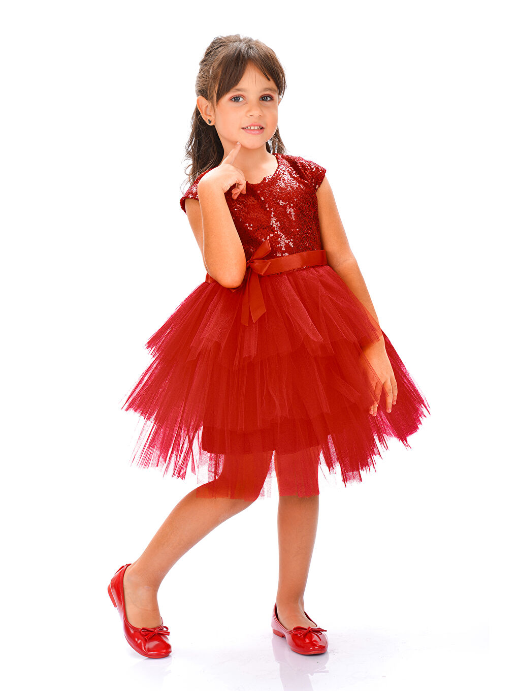 Kırmızı Mnk Kız Çocuk Pullu Tüllü Parti Elbisesi-1