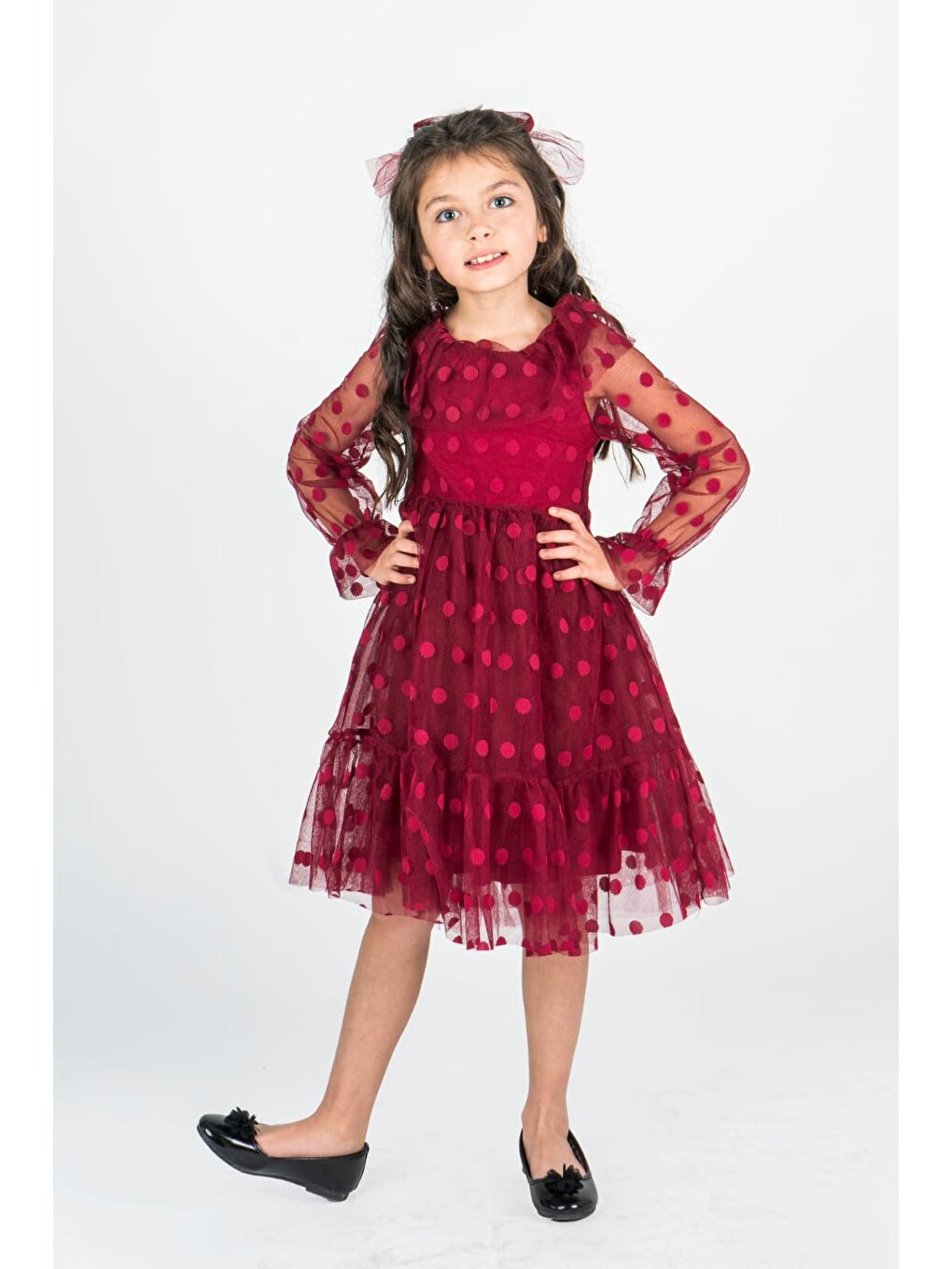 Bordo Parapuan Kayık Yaka Uzun Kol Kız Çocuk Tül Elbise MNK0485-1