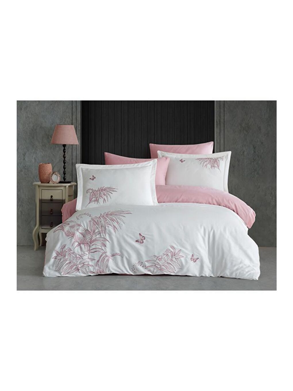 Karışık Tropical Nakışlı %100 Pamuk Saten Çift Kişilik Nevresim Takımı Krem Pudra-1