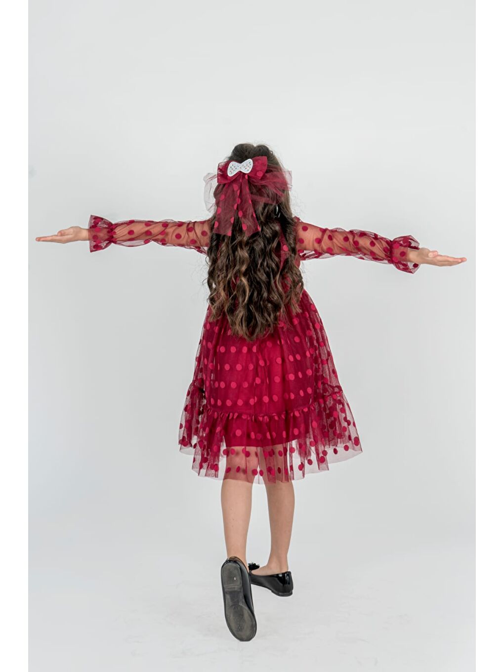 Bordo Parapuan Kayık Yaka Uzun Kol Kız Çocuk Tül Elbise MNK0485-2