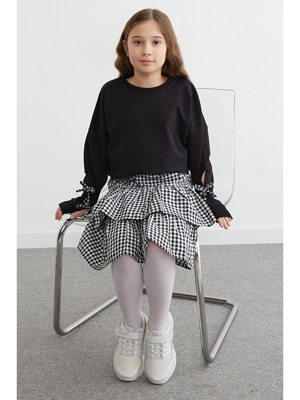 Siyah Fiyonklu Ekose Desenli Etekli 2 Li Kız Çocuk Takım