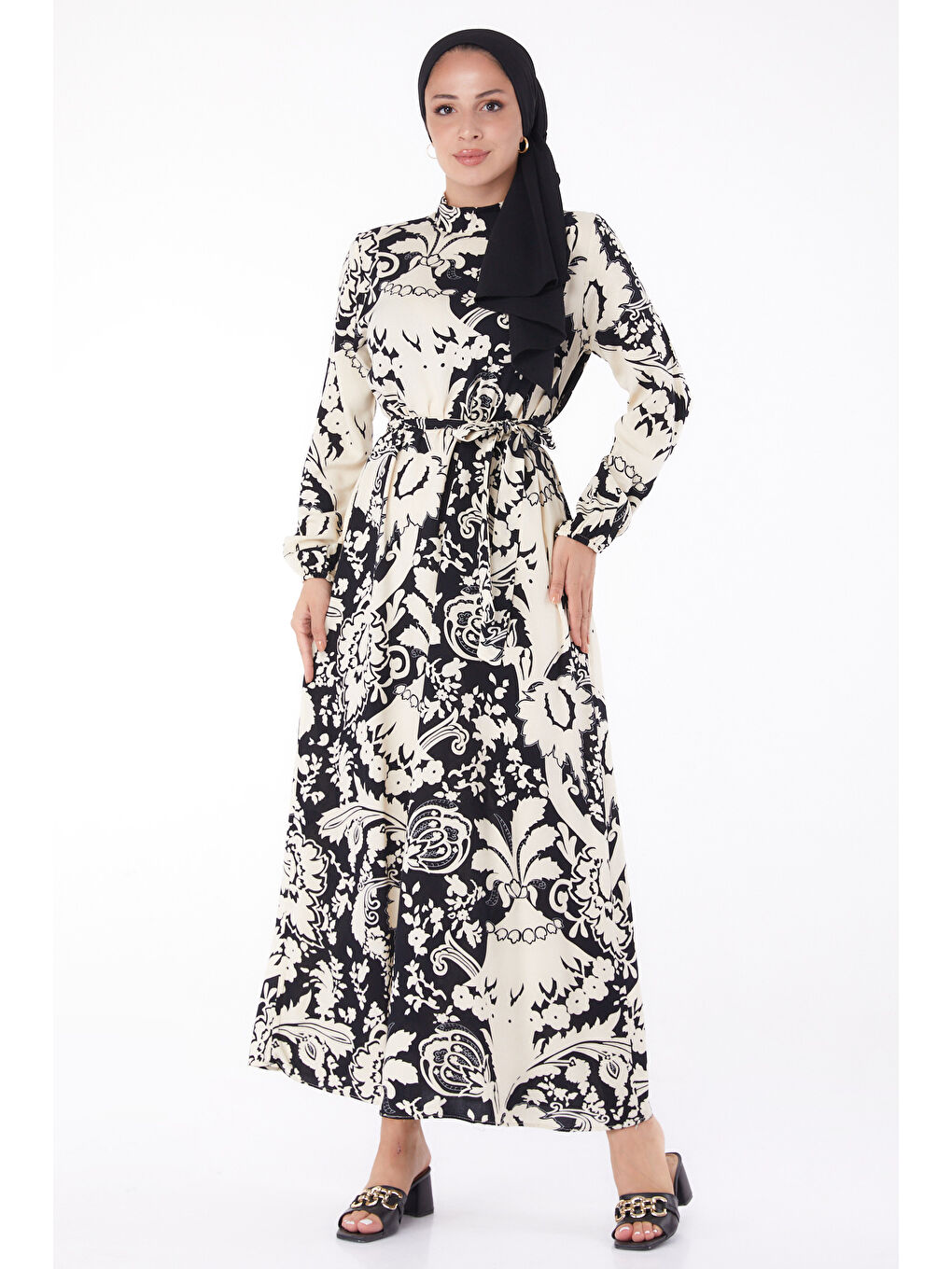 Desenli Elbise Siyah - 13271